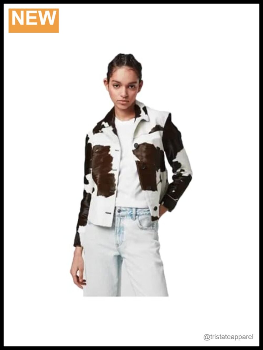 Genuine Cowhide Hair-On Leather Jacket, Cropped Button Front, Women's Casual